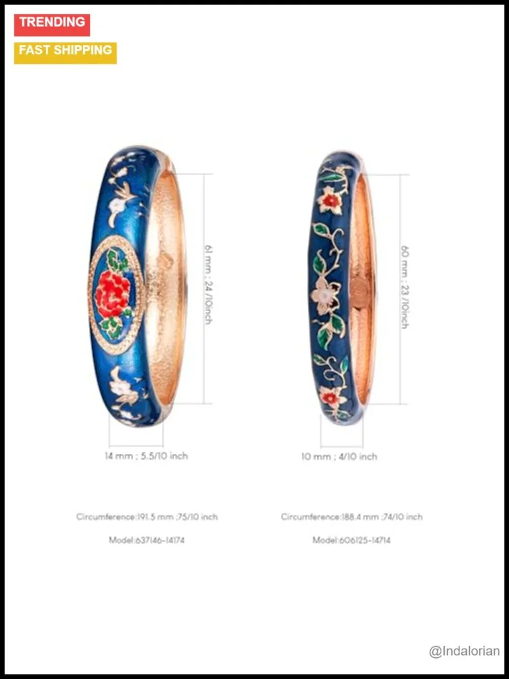 Set of 2 Cloisonne Enamel Bangle Bracelets, Handcrafted Alloy, Spring Hinge